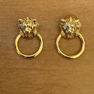 Vintage Lion Head Door Knocker Pierced Earrings Gold Tone Anne Klein